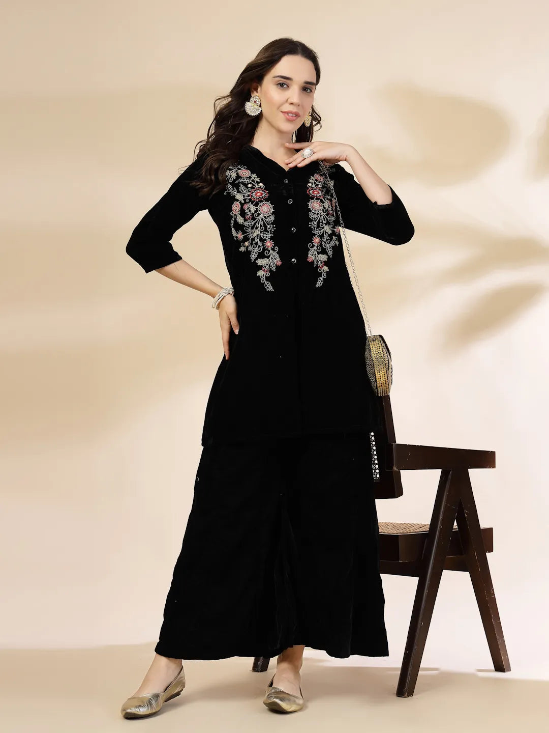 Yufta Black Velvet Zari Work CoOrd Set - Distacart