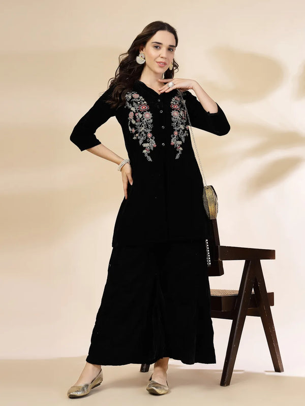 Yufta Black Velvet Zari Work CoOrd Set