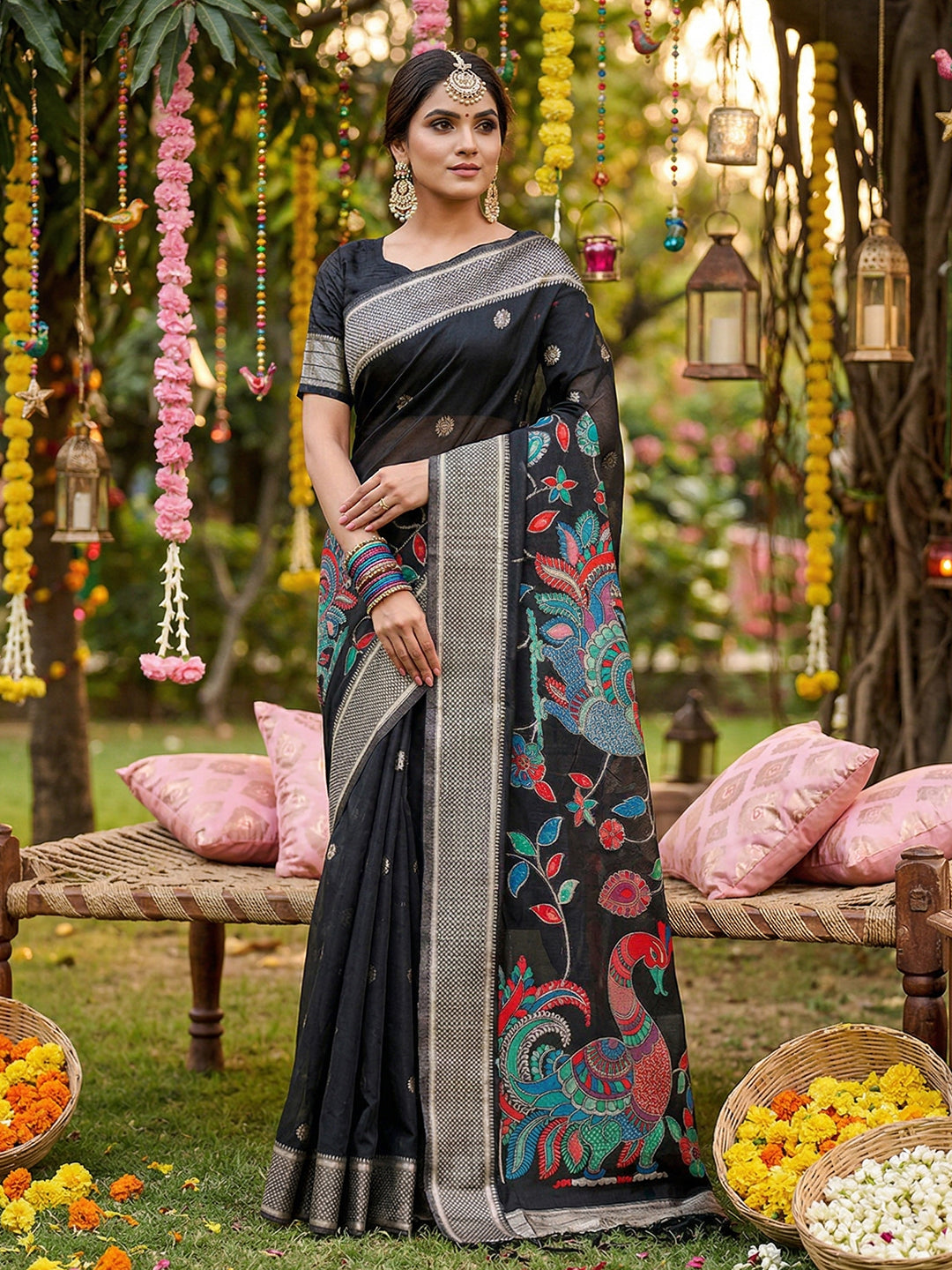 Anaita Black Linen Cotton Woven Saree With Blouse - Dista