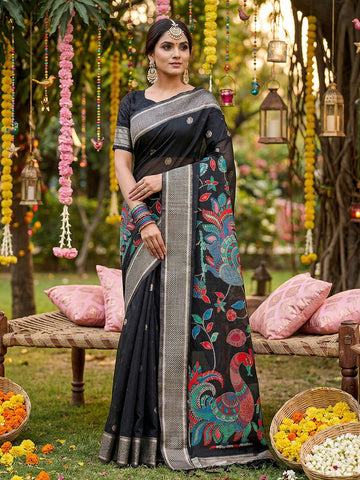 Anaita Black Linen Cotton Woven Saree With Blouse - Dista