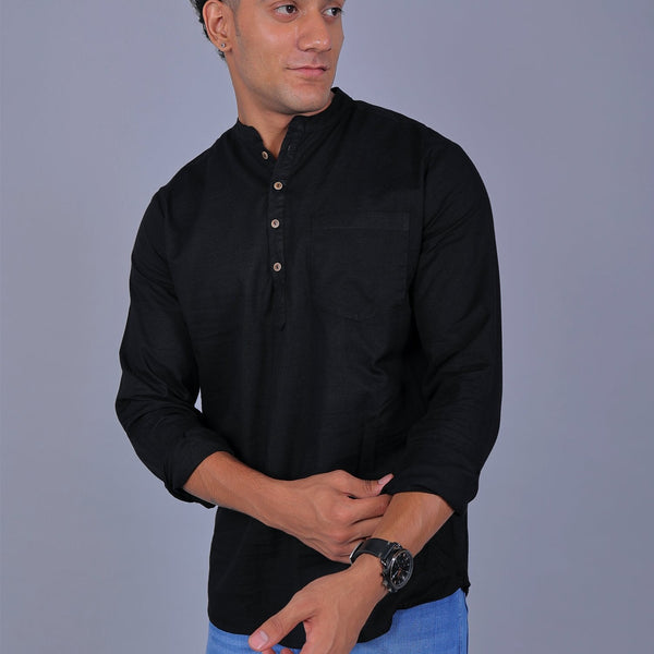 Bluebird Men's Short Kurta in Black - 100% Pure Cotton - Distacart