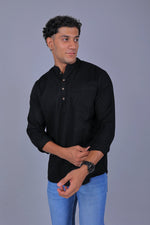 Thumbnail for Bluebird Men's Short Kurta in Black - 100% Pure Cotton