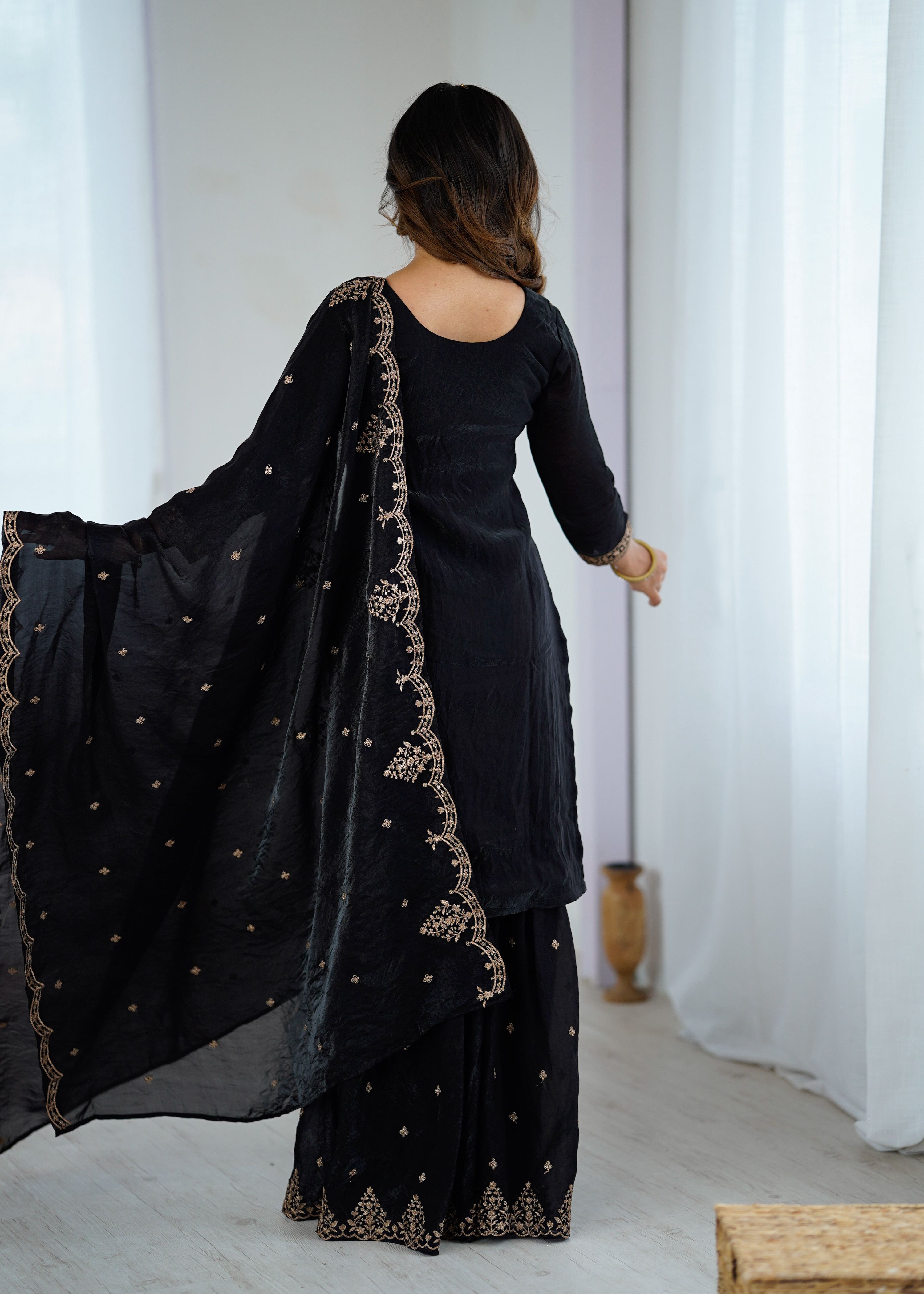 Evanik Black Pure Crunchy Silk With Sequence Embroidered Work Sharara Set