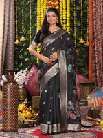 Thumbnail for Anaita Black Linen Cotton Woven Saree With Blouse - Dista
