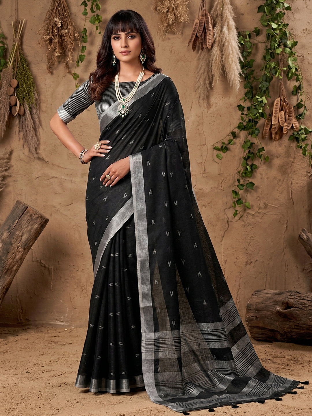 Anaita Black Linen Cotton Zari Work Saree With Blouse