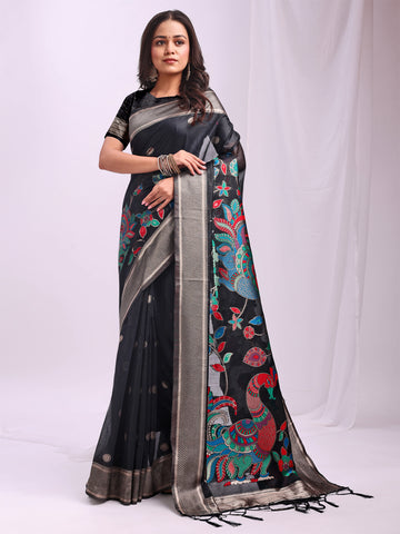 Anaita Black Linen Cotton Woven Saree With Blouse - Dista