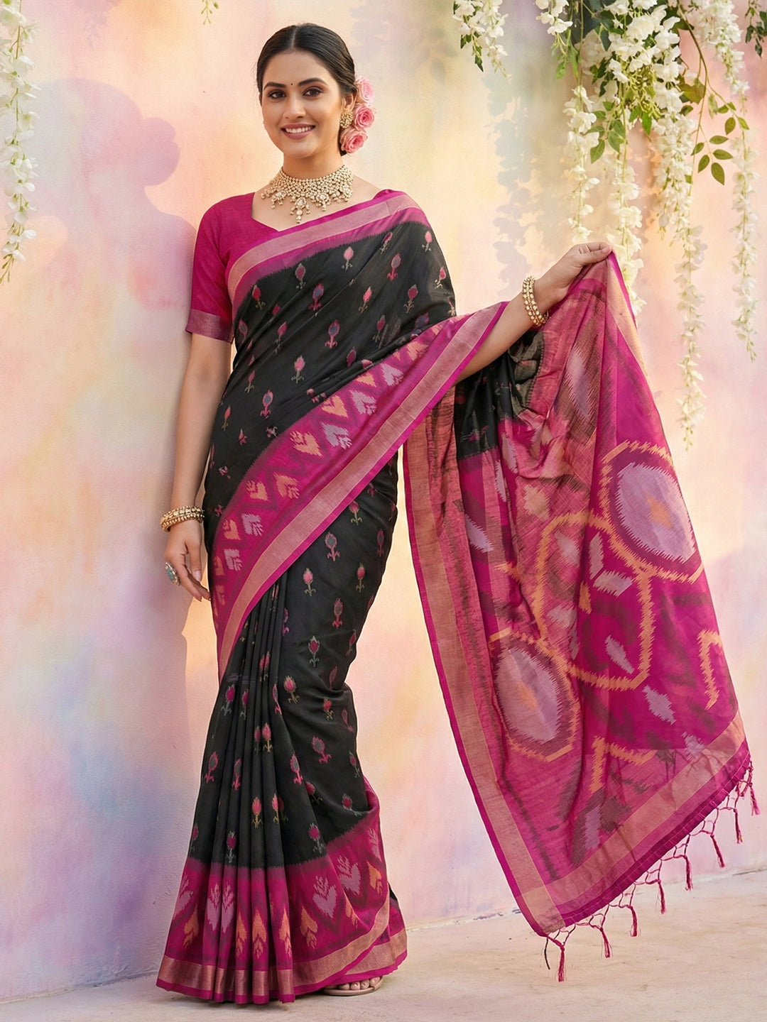 Anaita Black Soft Silk Printed Saree With Blouse - Dista