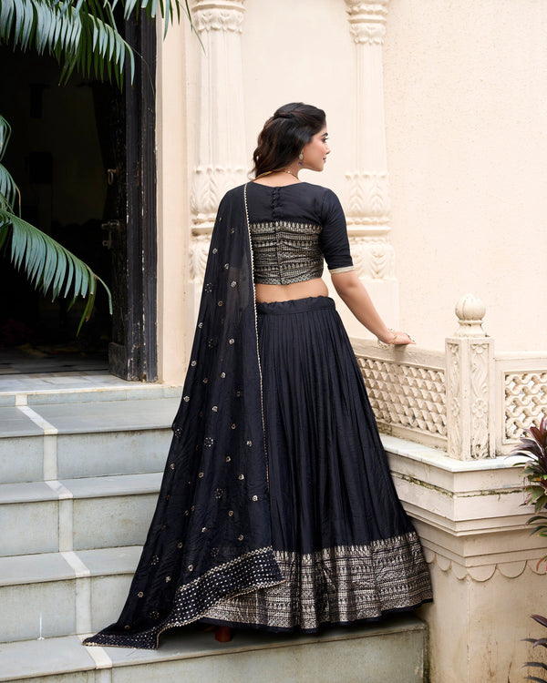Evanik Women Pure Chanderi Plain With Zari Weaving Work Border Stitched Lehenga With Unstitched Blouse Dupatta(Up to 42)