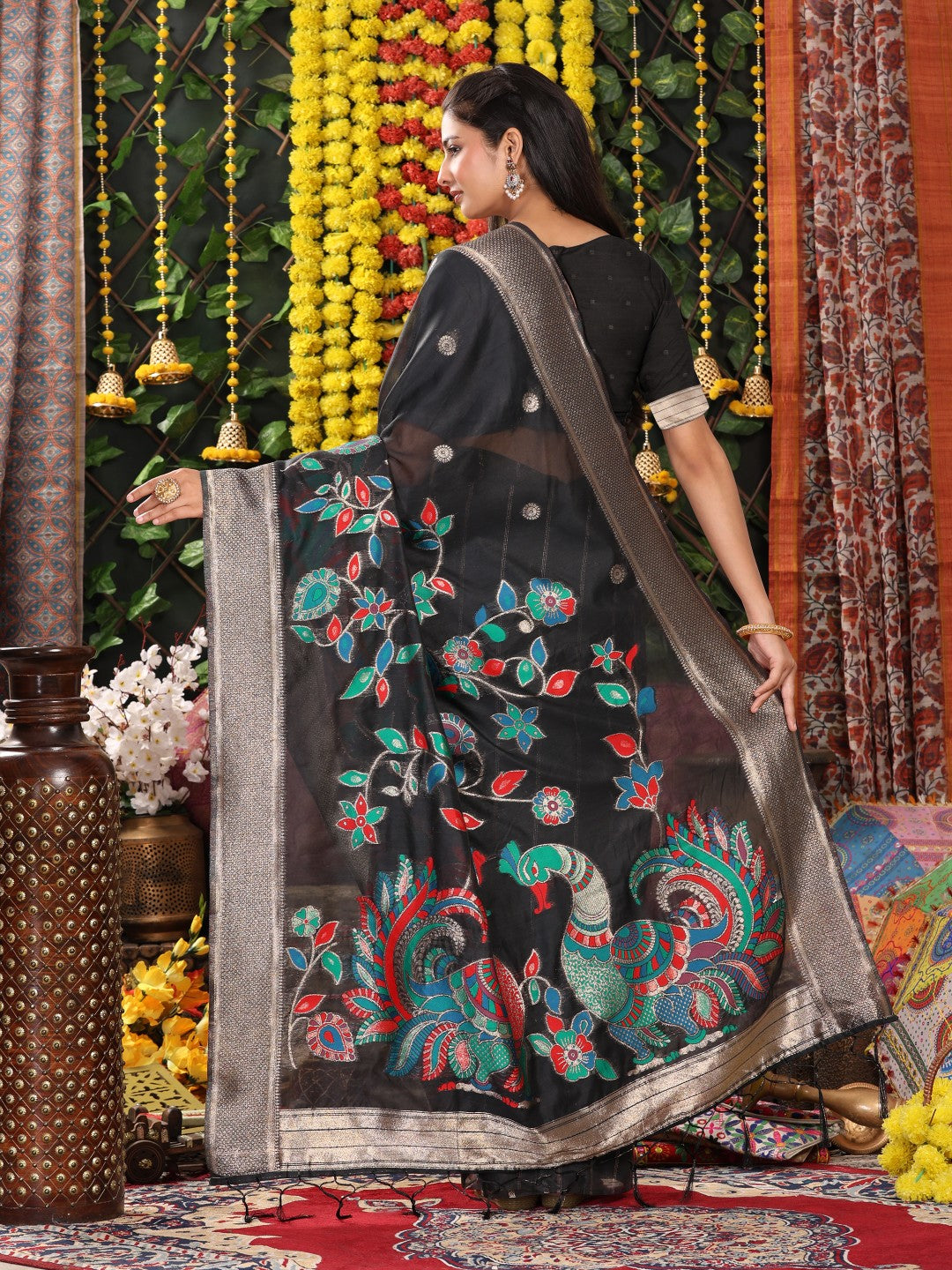 Anaita Black Linen Cotton Woven Saree With Blouse - Dista