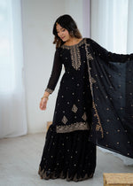 Thumbnail for Evanik Black Pure Crunchy Silk With Sequence Embroidered Work Sharara Set