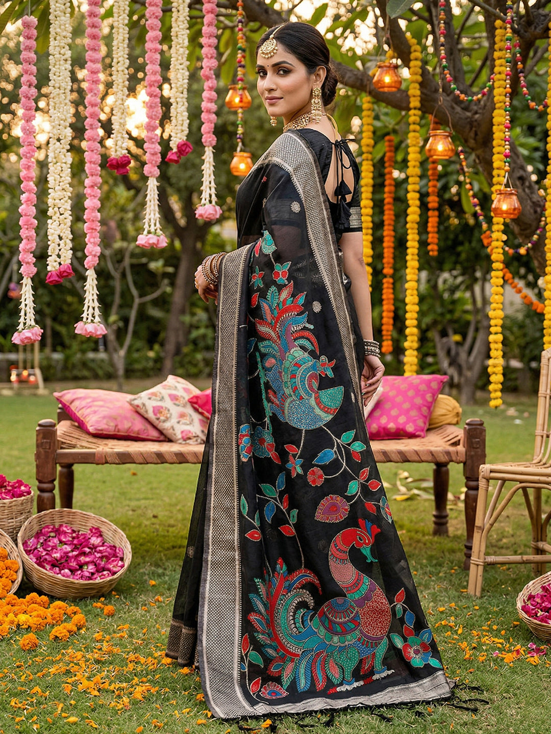 Anaita Black Linen Cotton Woven Saree With Blouse - Dista