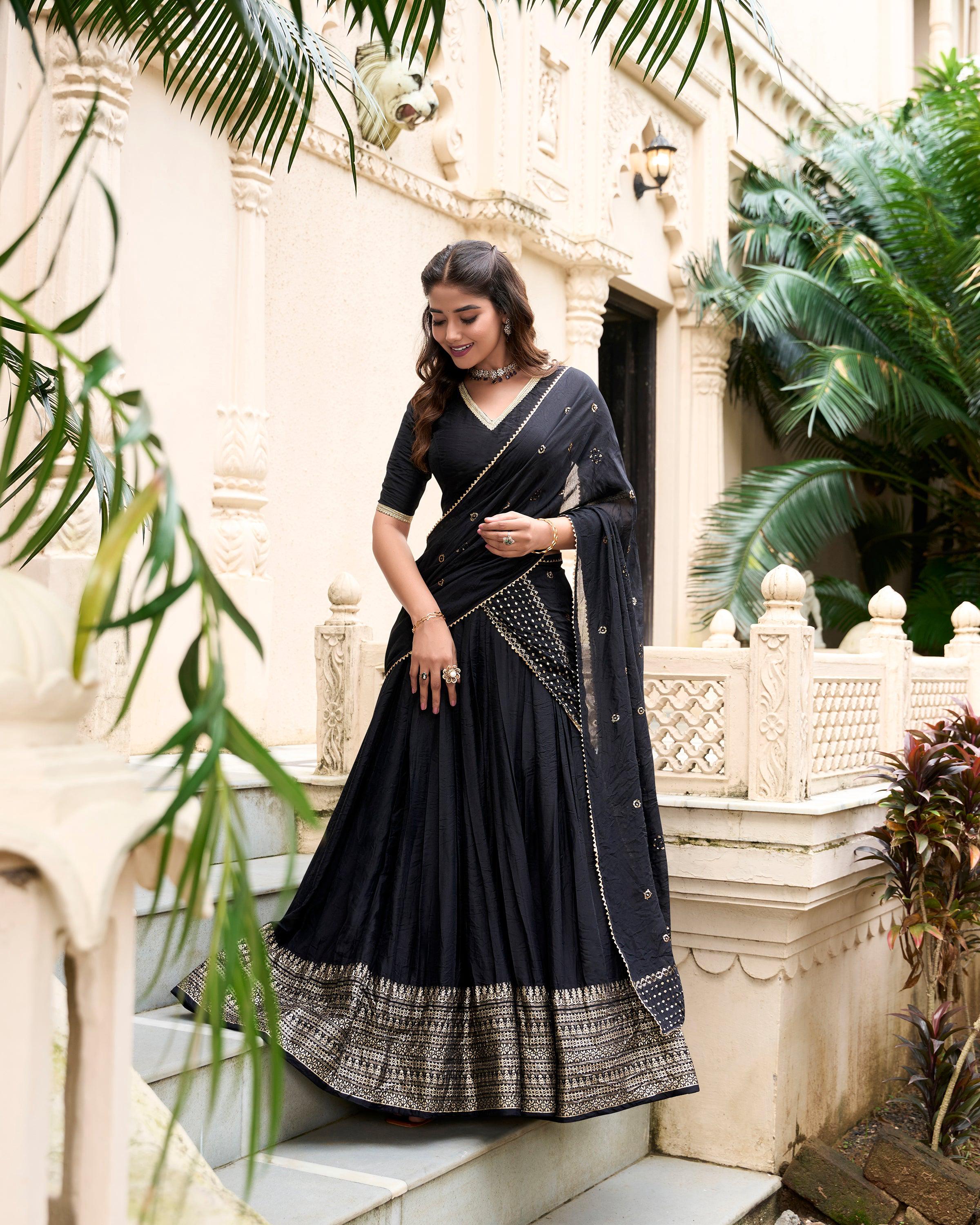 Evanik Women Pure Chanderi Plain With Zari Weaving Work Border Stitched Lehenga With Unstitched Blouse Dupatta(Up to 42)