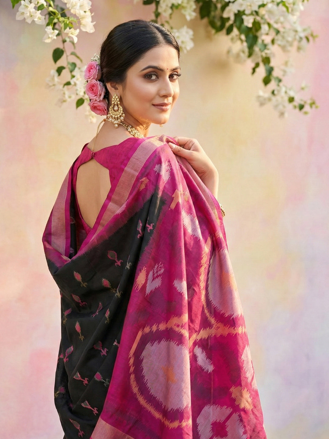 Anaita Black Soft Silk Printed Saree With Blouse - Dista