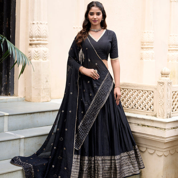 Evanik Women Pure Chanderi Plain With Zari Weaving Work Border Stitched Lehenga With Unstitched Blouse Dupatta(Up to 42)