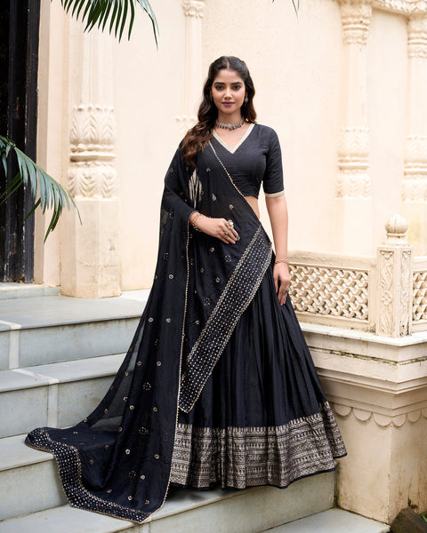 Evanik Women Pure Chanderi Plain With Zari Weaving Work Border Stitched Lehenga With Unstitched Blouse Dupatta(Up to 42)