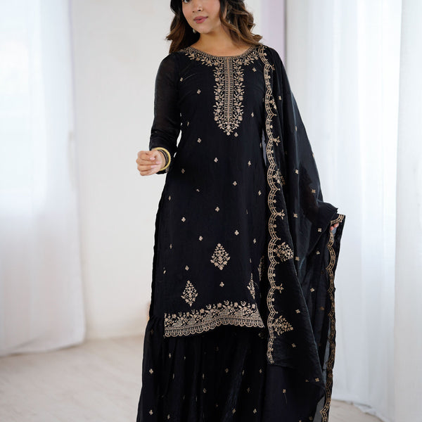 Evanik Black Pure Crunchy Silk With Sequence Embroidered Work Sharara Set