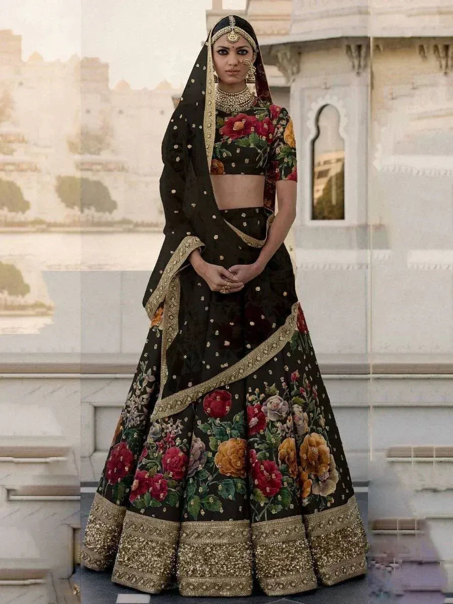 Tulsi Art Black Floral Digital Printed Art Silk Bridal Lehenga Choli - Dista