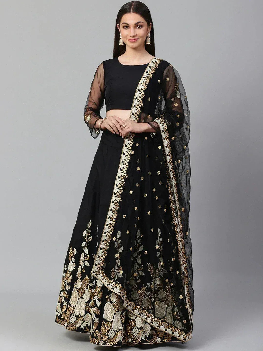 Tulsi Art Black & White Solid Semi-Stitched Myntra Lehenga & Unstitched Blouse With Dupatta - Dista