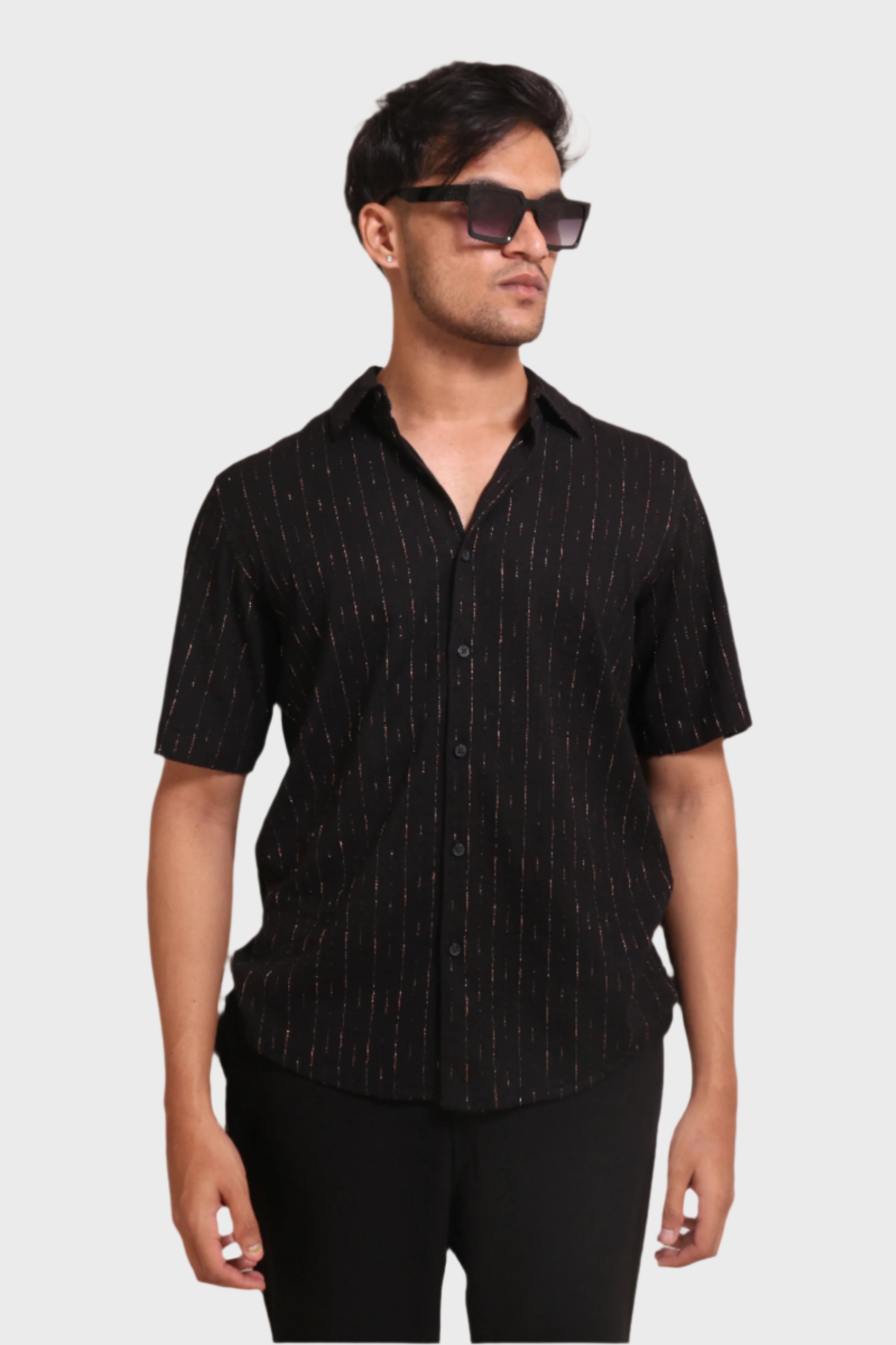 Xkind Black Golden Foil Stripes Slim Fit Shirt