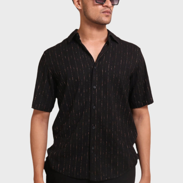 Xkind Black Golden Foil Stripes Slim Fit Shirt