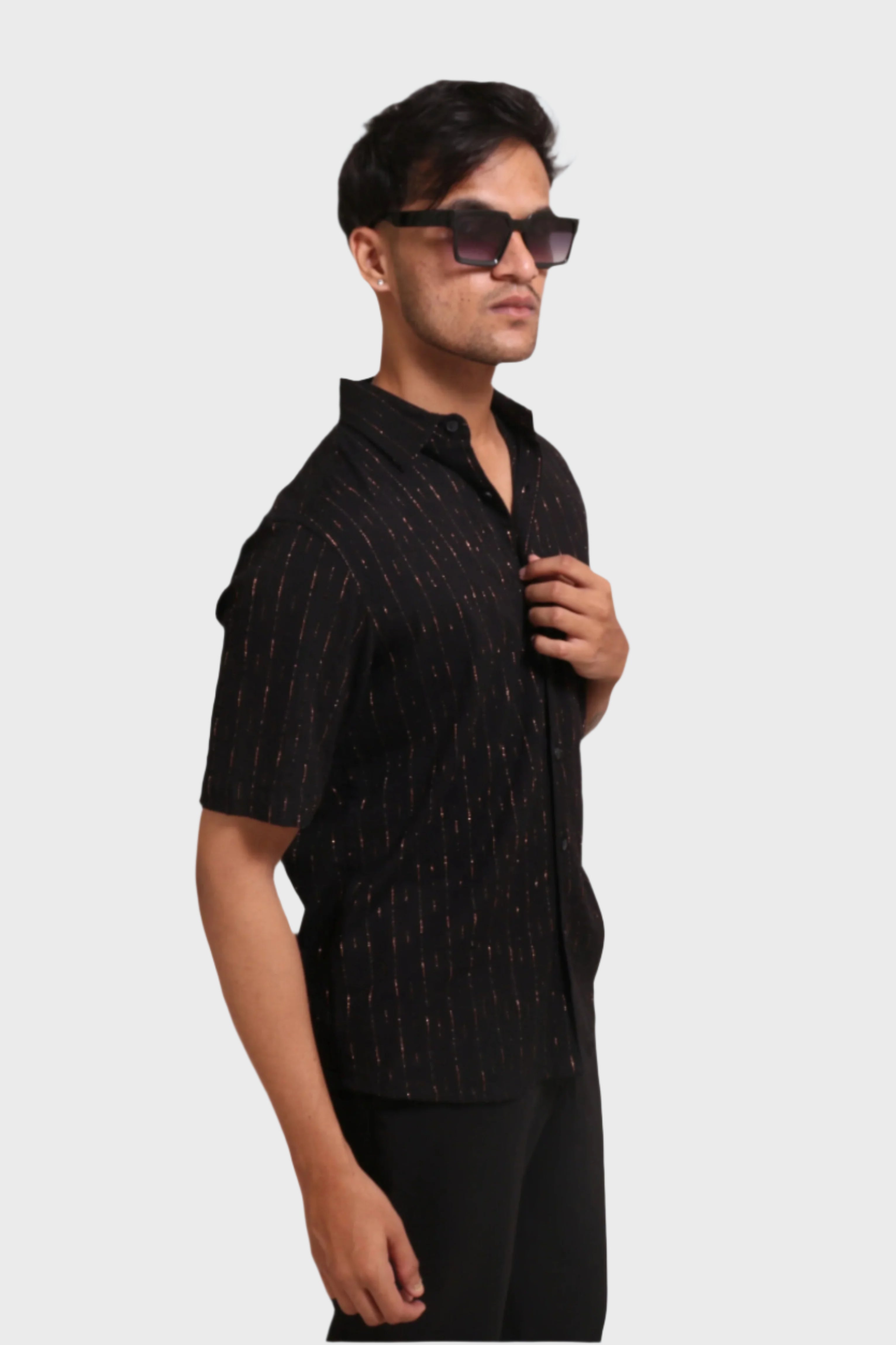 Xkind Black Golden Foil Stripes Slim Fit Shirt
