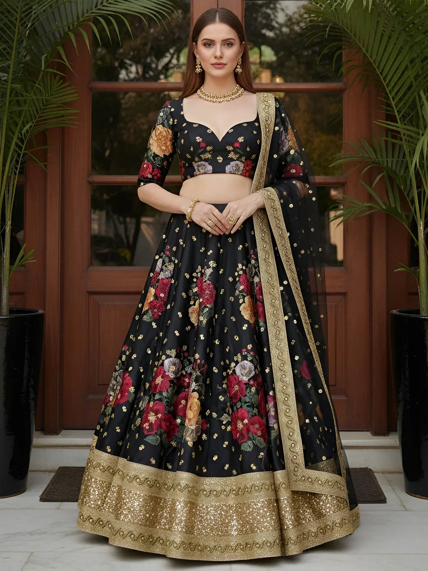 Tulsi Art Lovable Black Floral Printed Silk Reception Wear Lehenga Choli With Dupatta - Dista