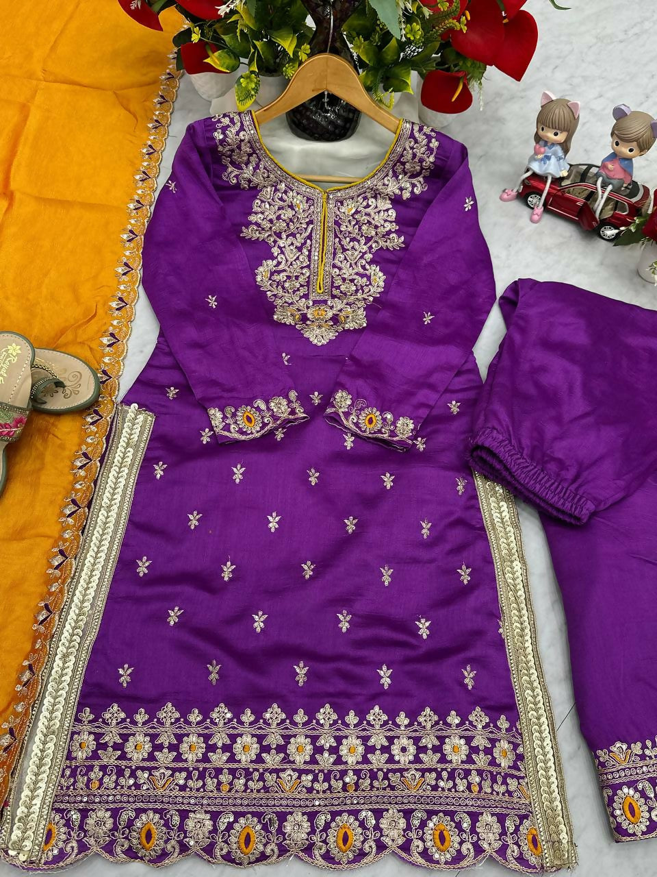 Teeya Creation Womens New Wedding Wear Heavy Embroidery Thread Work Purple Kurta Set - Dista
