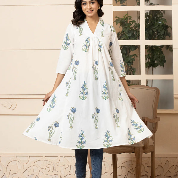 Yufta Blue & White Cotton Floral Print Aline Kurta - Distacart