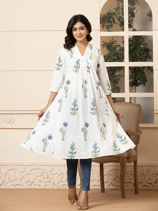 Yufta Blue & White Cotton Floral Print Aline Kurta - Distacart