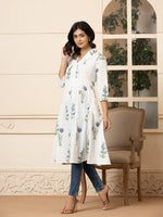 Thumbnail for Yufta Blue & White Cotton Floral Print Aline Kurta