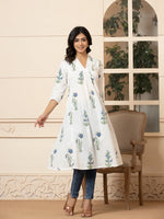 Thumbnail for Yufta Blue & White Cotton Floral Print Aline Kurta