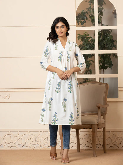Yufta Blue & White Cotton Floral Print Aline Kurta - Distacart
