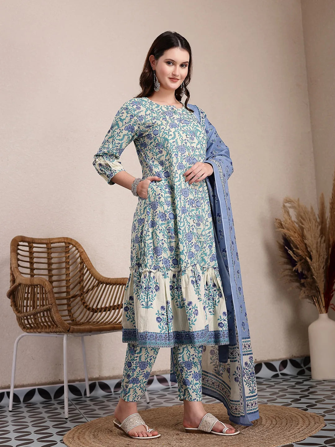 Yufta Blue And Beige Pure Cotton Floral Print Tiered Kurta Dupatta Set - Distacart