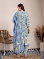 Thumbnail for Yufta Blue And Beige Pure Cotton Floral Print Tiered Kurta Dupatta Set