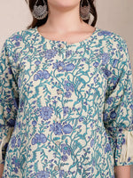 Thumbnail for Yufta Blue And Beige Pure Cotton Floral Print Tiered Kurta Dupatta Set