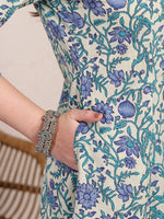 Thumbnail for Yufta Blue And Beige Pure Cotton Floral Print Tiered Kurta Dupatta Set
