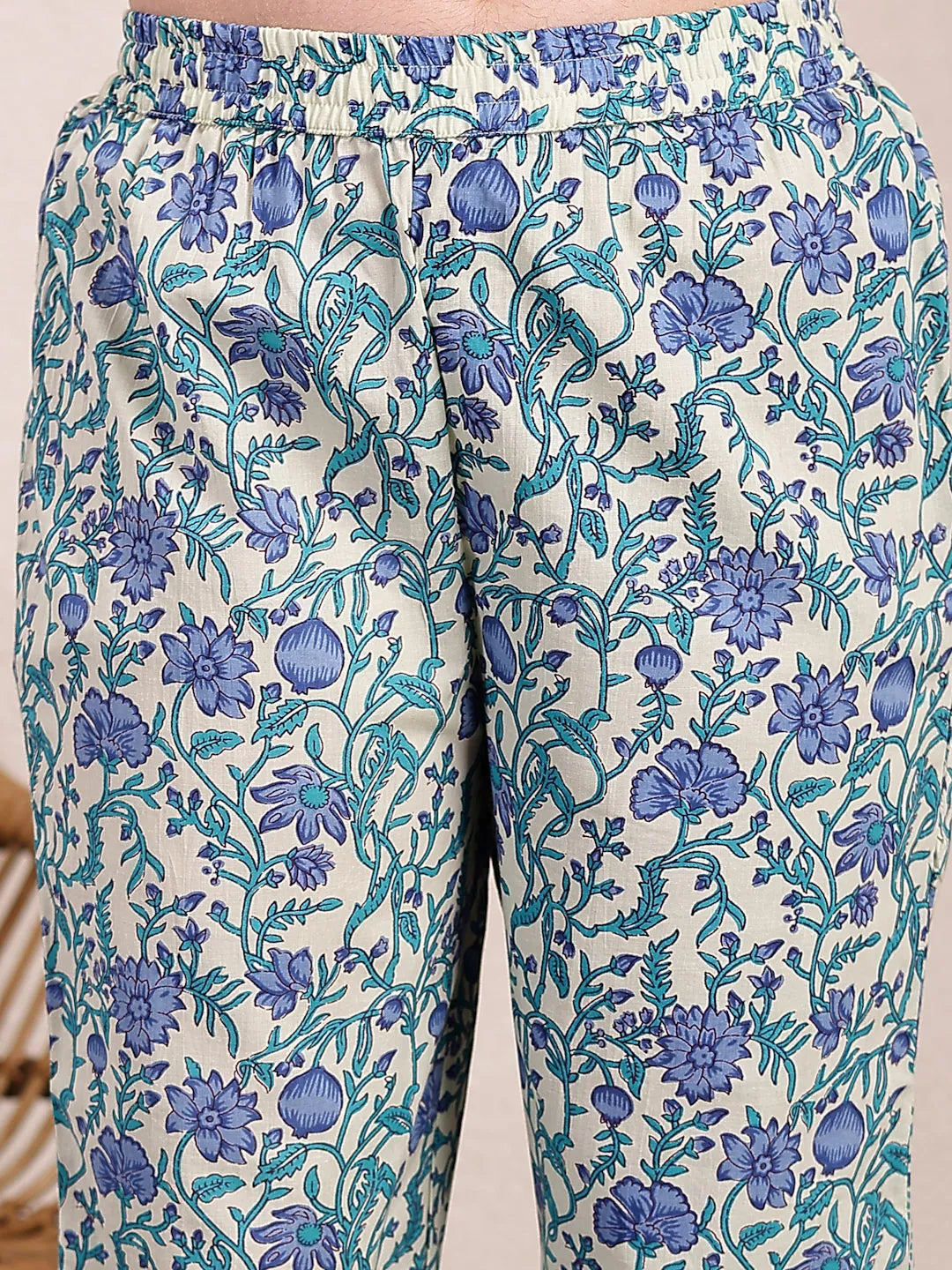Yufta Blue And Beige Pure Cotton Floral Print Tiered Kurta Dupatta Set
