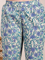 Thumbnail for Yufta Blue And Beige Pure Cotton Floral Print Tiered Kurta Dupatta Set