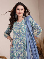 Thumbnail for Yufta Blue And Beige Pure Cotton Floral Print Tiered Kurta Dupatta Set