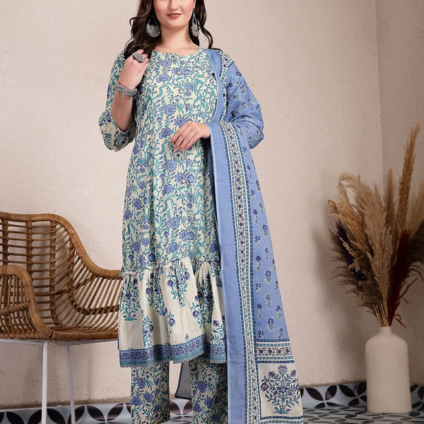 Yufta Blue And Beige Pure Cotton Floral Print Tiered Kurta Dupatta Set - Distacart