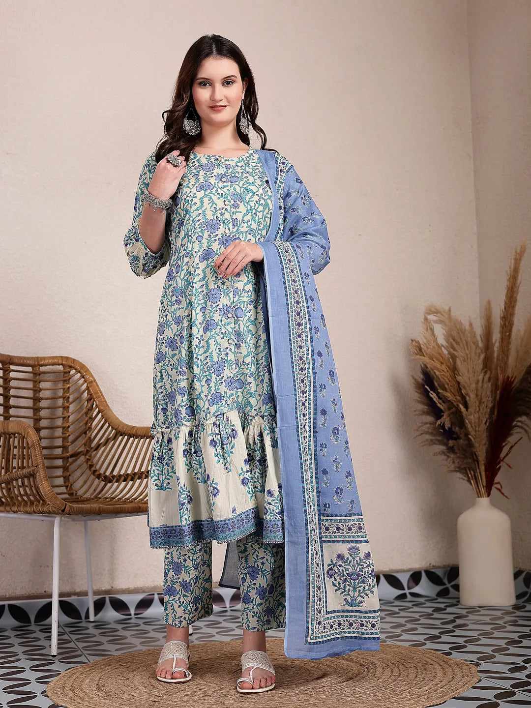 Yufta Blue And Beige Pure Cotton Floral Print Tiered Kurta Dupatta Set - Distacart