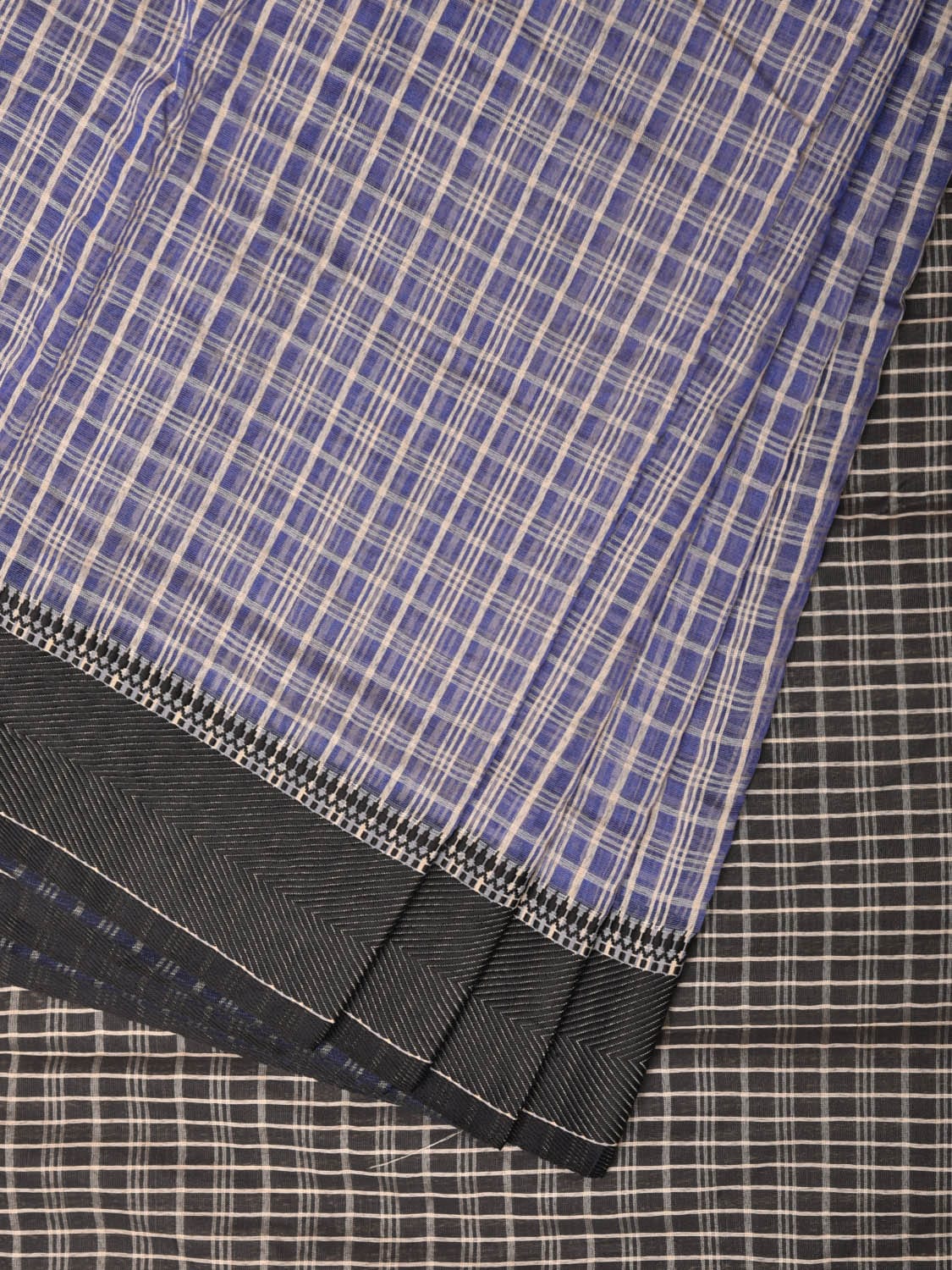 Blue and Black Bamboo Cotton Saree with Checks Design No Blouse - Global Threads - Distacart