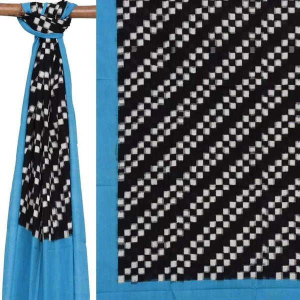 Blue and Black Pochampally Ikat Cotton Handloom Dupatta with Diagonal Design - Global Threads - Distacart