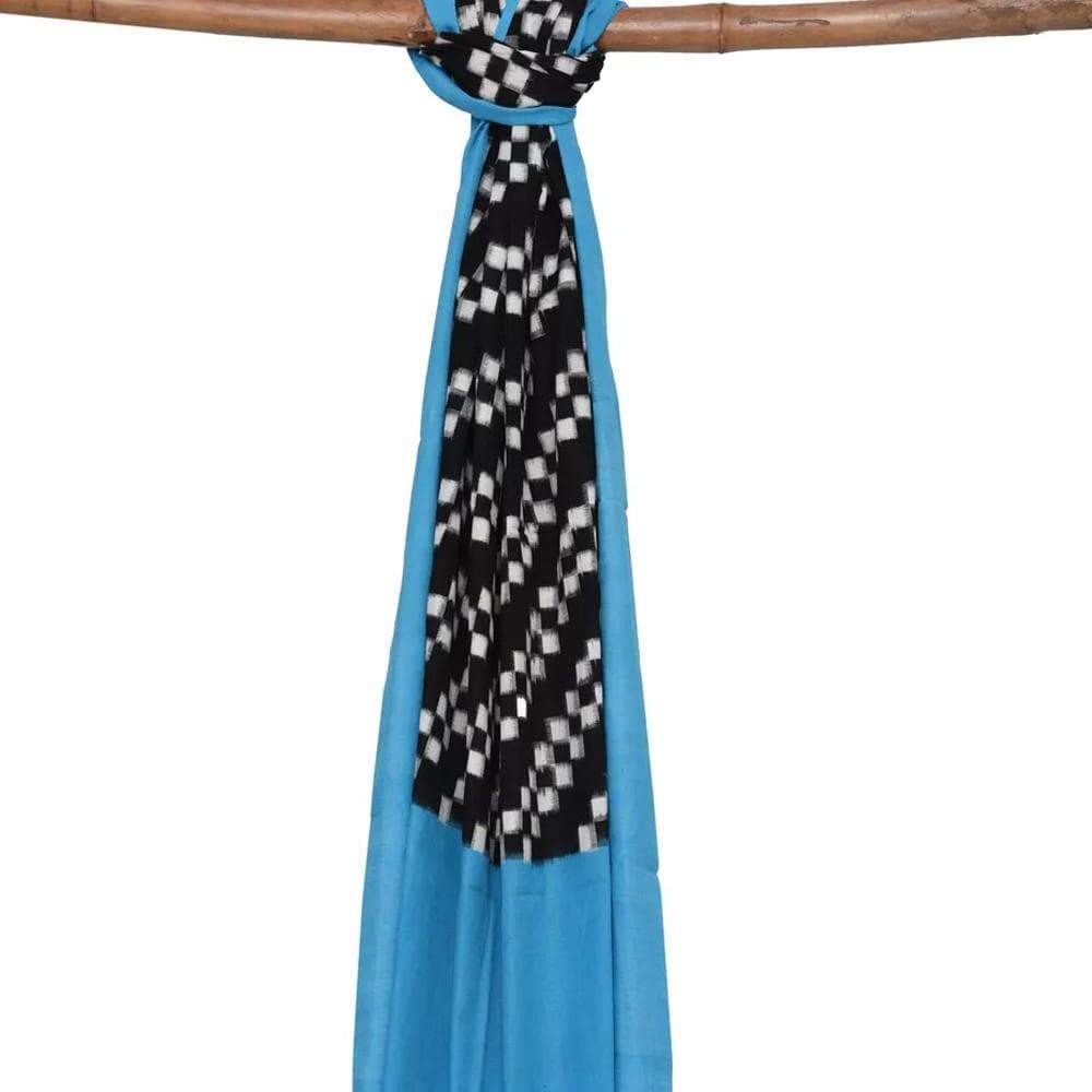 Blue and Black Pochampally Ikat Cotton Handloom Dupatta with Diagonal Design - Global Threads - Distacart