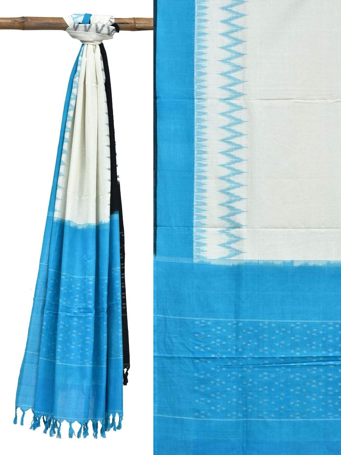Blue and Black Pochampally Ikat Cotton Handloom Dupatta with Ganga-Jamuna Border - Global Threads - Distacart