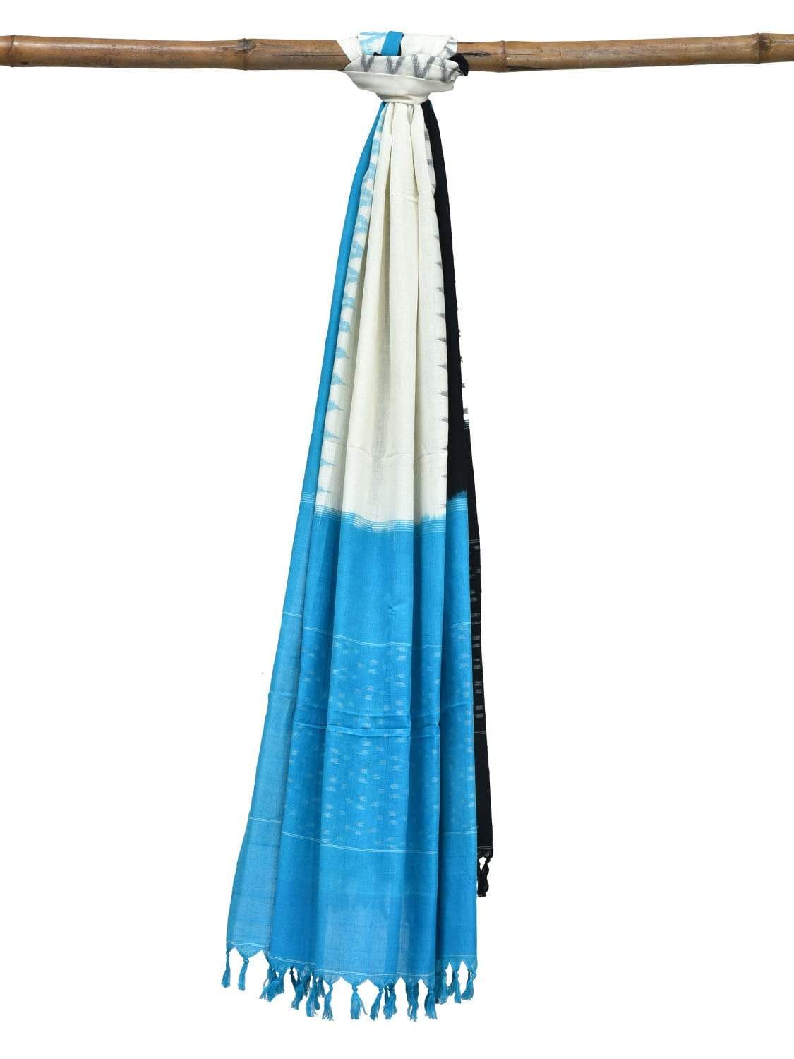 Blue and Black Pochampally Ikat Cotton Handloom Dupatta with Ganga-Jamuna Border - Global Threads - Distacart