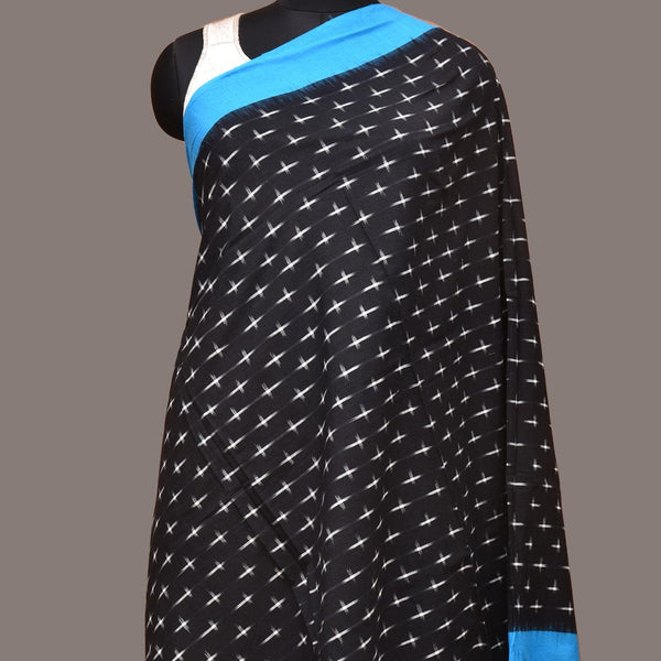 Blue and Black Pochampally Ikat Cotton Handloom Dupatta with Plus Buta Design - Global Threads - Distacart