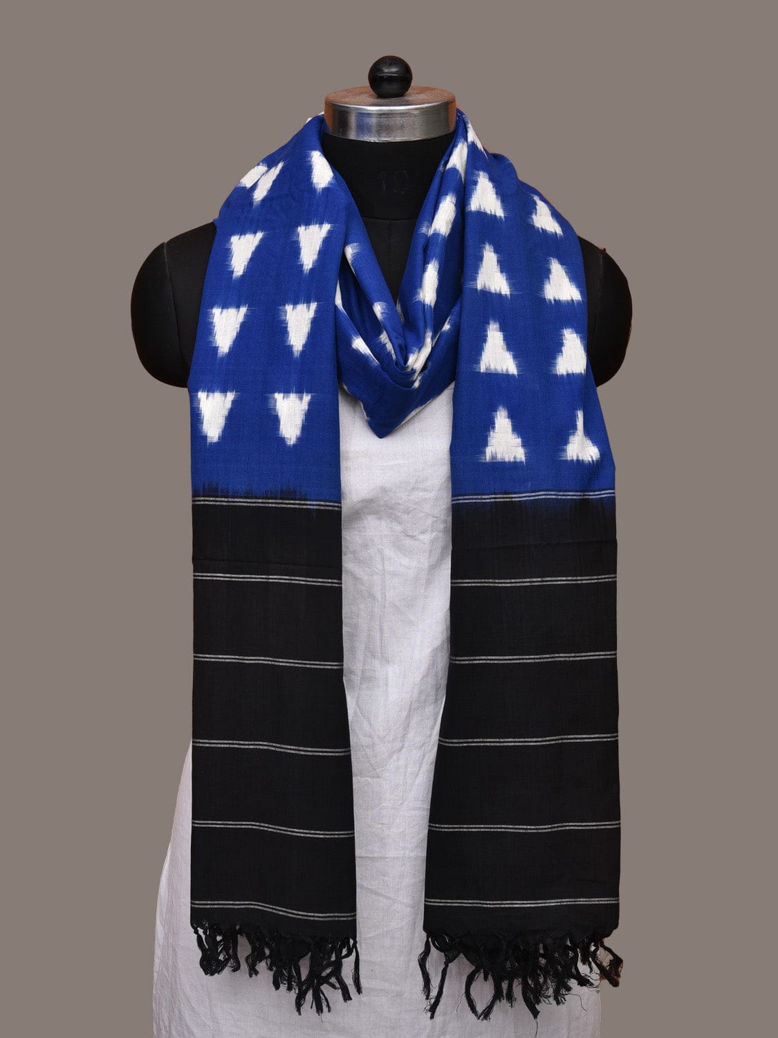 Blue and Black Pochampally Ikat Cotton Handloom Dupatta with Triangle Design - Global Threads - Distacart