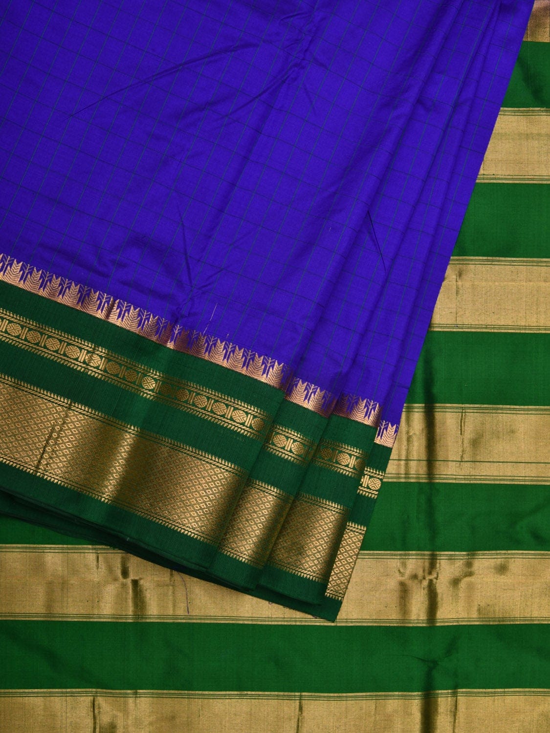 Blue and Green Gadwal Silk Handloom Saree with Checks Design - Global Threads - Distacart