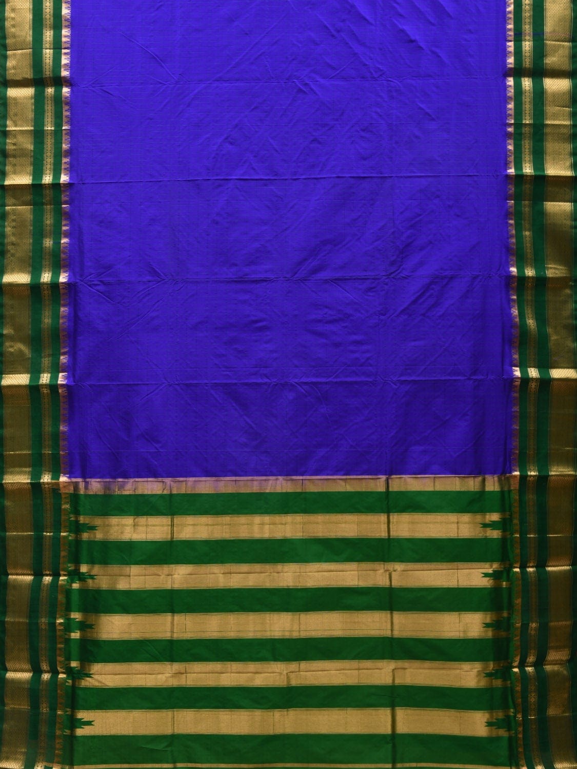 Blue and Green Gadwal Silk Handloom Saree with Checks Design - Global Threads - Distacart